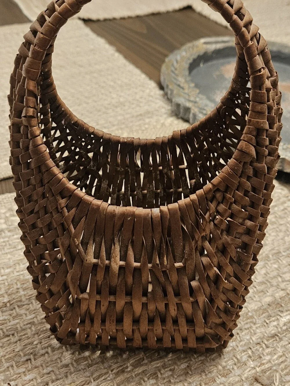 Vintage Handwoven Brown Wicker Basket Bag 5 1/2 X 9 In